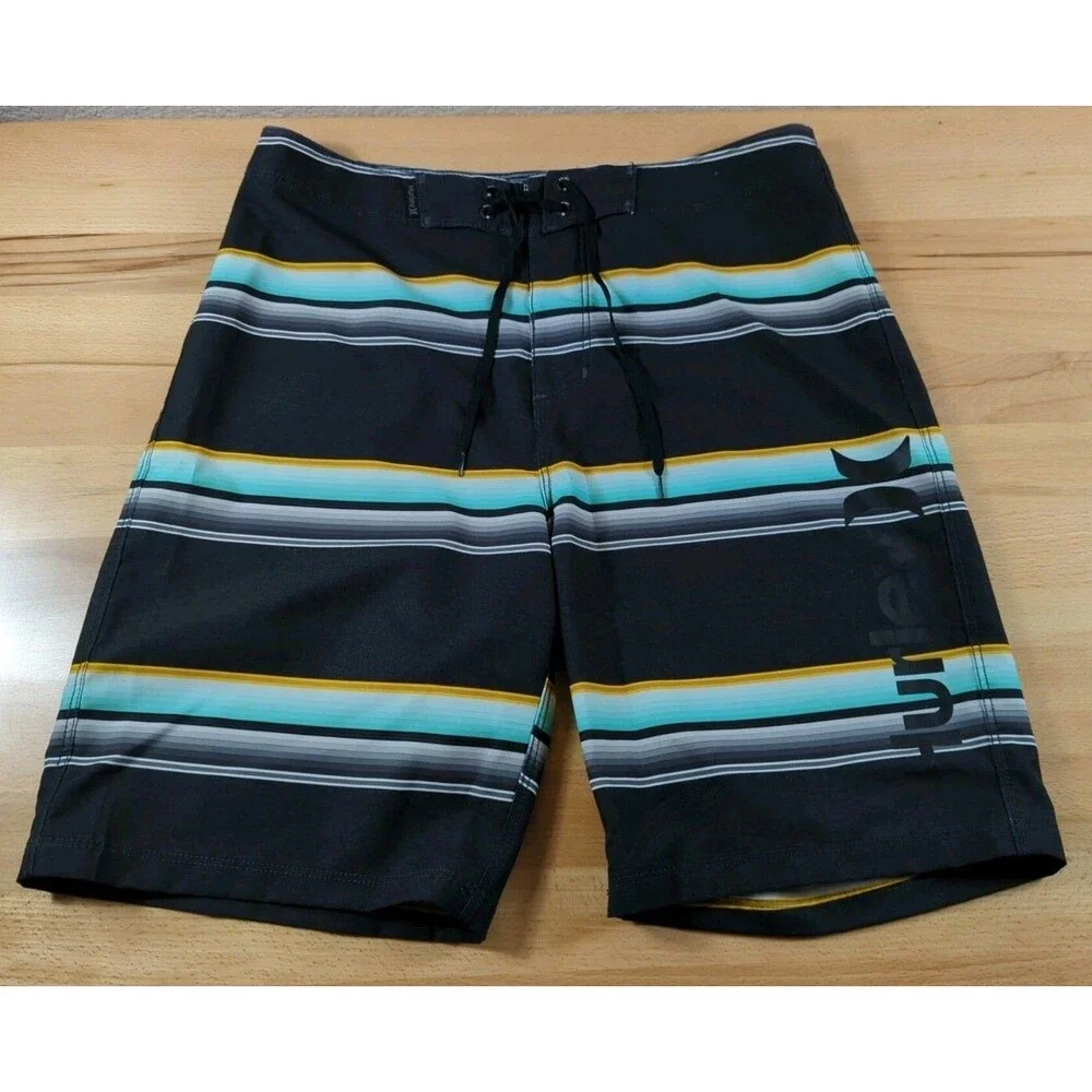 Hurley Mens Board Shorts Size 30 Swim Trunks Black Green Gold Stripe Pocket